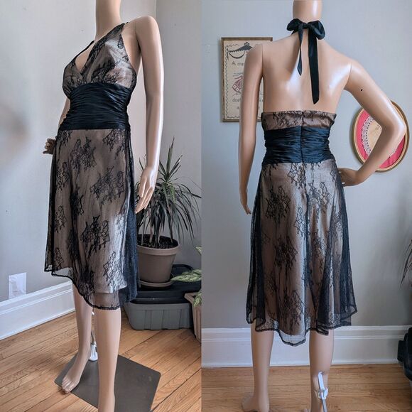Vintage 1990s Jones New York Halter Dress Lace Satin Midi Formal Gothic Size 6 - Picture 3 of 9